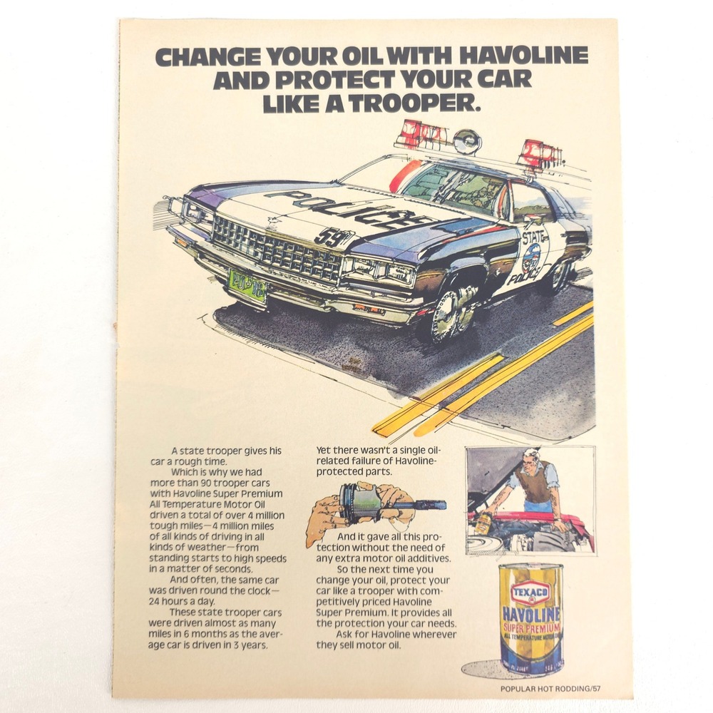 Vintage Havoline Oil Can Print Ad Police Trooper Garage Decor Wall Art Collector